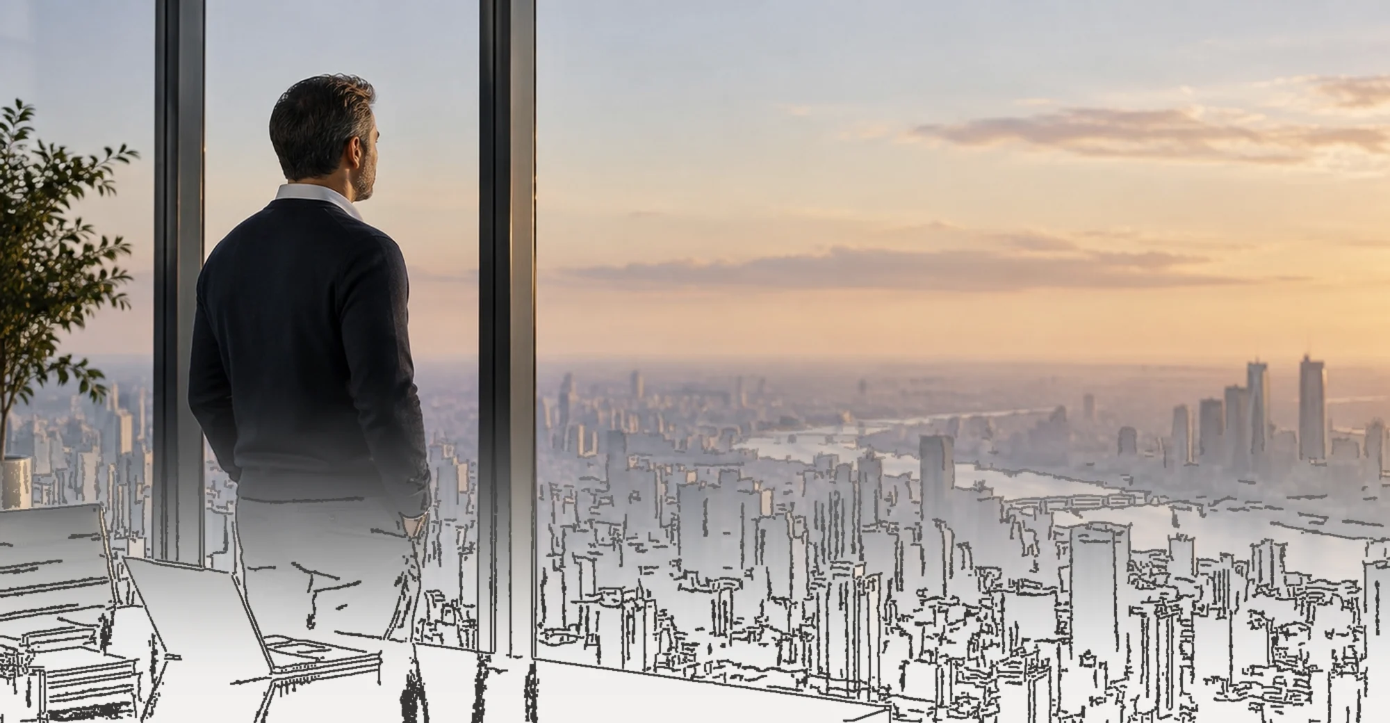A leader looking out over the city at dusk, the view turning into a line drawing